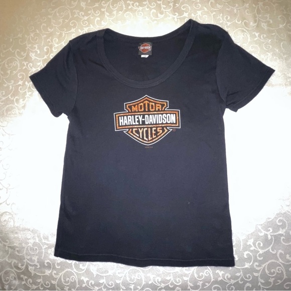 Harley-Davidson Black T Shirt Orange Glitter Bar And Shield Logo Size XL - Picture 8 of 15